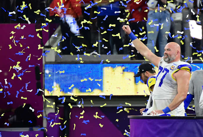 Feb 13, 2022; Inglewood, California, USA; Los Angeles Rams tackle Andrew Whitworth (77) celebrates after a victory against the Cincinnati Bengals in Super Bowl LVI at SoFi Stadium. Mandatory Credit: Gary A. Vasquez-USA TODAY Sports